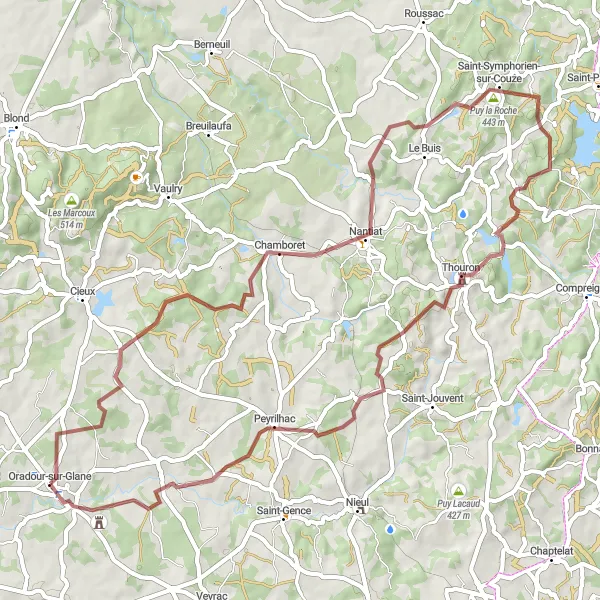 Miniature de la carte de l'inspiration cycliste "Exploration gravel à Chamboret" dans la Limousin, France. Générée par le planificateur d'itinéraire cycliste Tarmacs.app