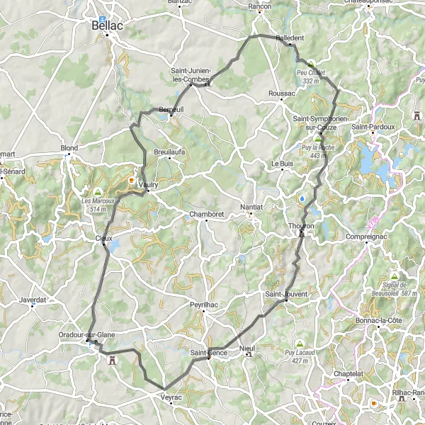 Map miniature of "Oradour-sur-Glane to Château de Laplaud Road Route" cycling inspiration in Limousin, France. Generated by Tarmacs.app cycling route planner