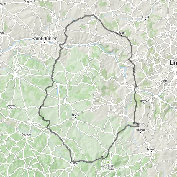 Map miniature of "Classic Road Route" cycling inspiration in Limousin, France. Generated by Tarmacs.app cycling route planner