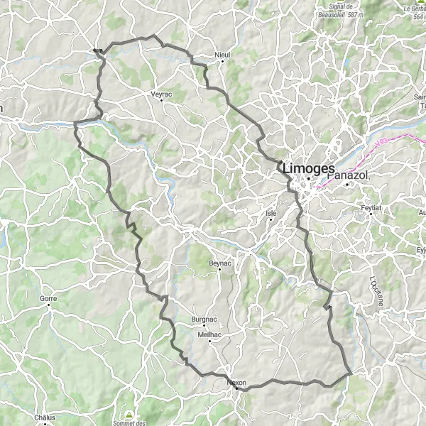 Miniature de la carte de l'inspiration cycliste "Parcours vers Nexon" dans la Limousin, France. Générée par le planificateur d'itinéraire cycliste Tarmacs.app