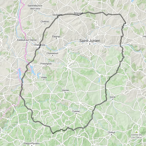 Miniature de la carte de l'inspiration cycliste "Parcours des Vallées" dans la Limousin, France. Générée par le planificateur d'itinéraire cycliste Tarmacs.app