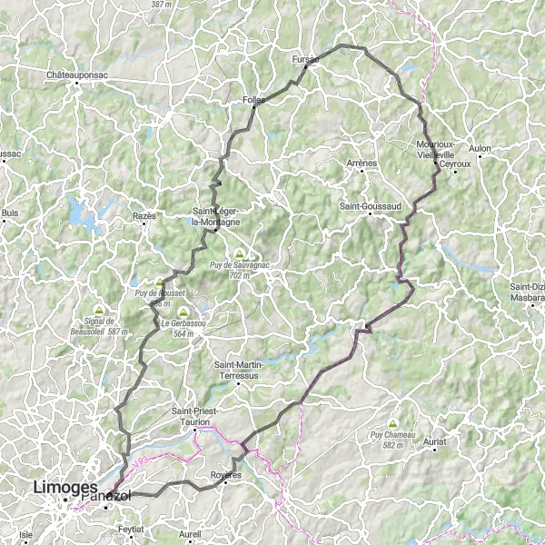 Map miniature of "Road Cycling in the Heart of Limousin" cycling inspiration in Limousin, France. Generated by Tarmacs.app cycling route planner