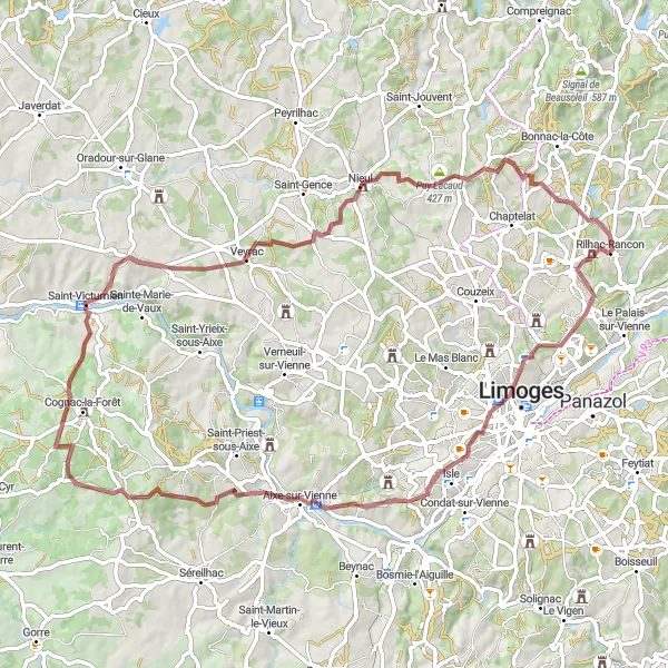 Map miniature of "Gravel Cycling Route 2" cycling inspiration in Limousin, France. Generated by Tarmacs.app cycling route planner