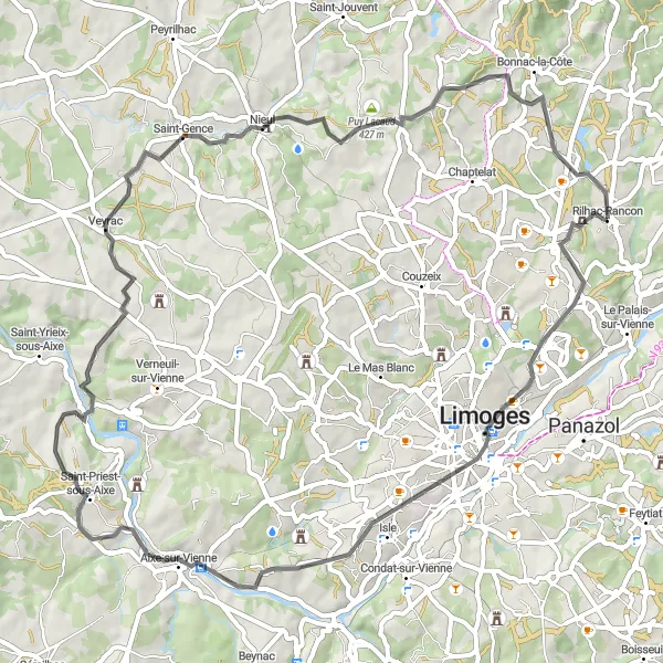 Map miniature of "Road Cycling Route 1" cycling inspiration in Limousin, France. Generated by Tarmacs.app cycling route planner