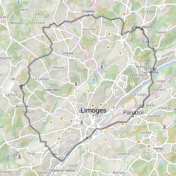 Map miniature of "Limoges Circuit" cycling inspiration in Limousin, France. Generated by Tarmacs.app cycling route planner