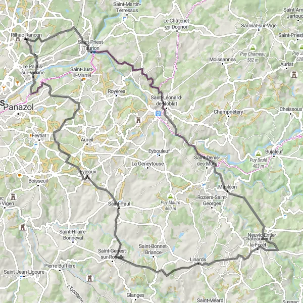 Map miniature of "Road Cycling Route 3" cycling inspiration in Limousin, France. Generated by Tarmacs.app cycling route planner