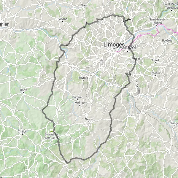 Miniature de la carte de l'inspiration cycliste "Les collines de Limousin" dans la Limousin, France. Générée par le planificateur d'itinéraire cycliste Tarmacs.app