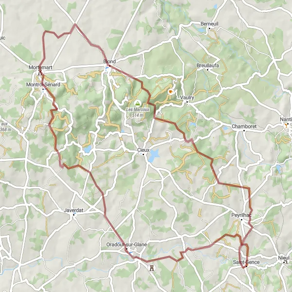 Miniature de la carte de l'inspiration cycliste "Boucle des Vallées Verdoyantes" dans la Limousin, France. Générée par le planificateur d'itinéraire cycliste Tarmacs.app