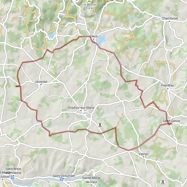 Map miniature of "Gravel Adventure" cycling inspiration in Limousin, France. Generated by Tarmacs.app cycling route planner