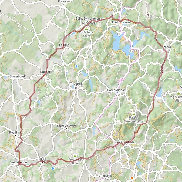 Miniature de la carte de l'inspiration cycliste "Tour des Monts Limousins" dans la Limousin, France. Générée par le planificateur d'itinéraire cycliste Tarmacs.app