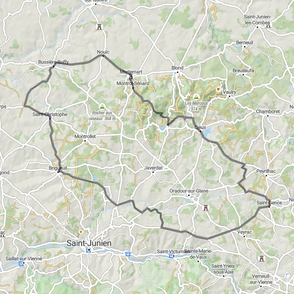 Map miniature of "Limousin Loop" cycling inspiration in Limousin, France. Generated by Tarmacs.app cycling route planner