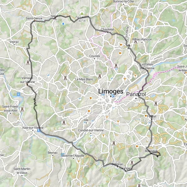 Miniature de la carte de l'inspiration cycliste "Parcours de la Vienne" dans la Limousin, France. Générée par le planificateur d'itinéraire cycliste Tarmacs.app