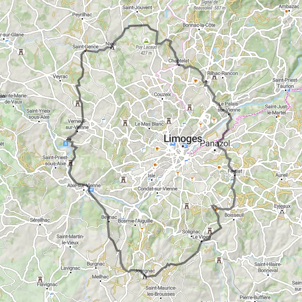 Miniature de la carte de l'inspiration cycliste "Parcours des Châteaux et des Châteaux" dans la Limousin, France. Générée par le planificateur d'itinéraire cycliste Tarmacs.app