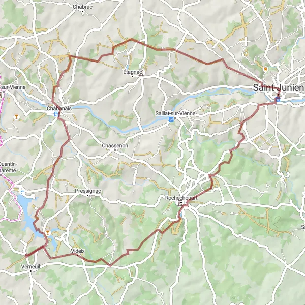 Map miniature of "Gravel Route: Rochechouart Round Trip" cycling inspiration in Limousin, France. Generated by Tarmacs.app cycling route planner