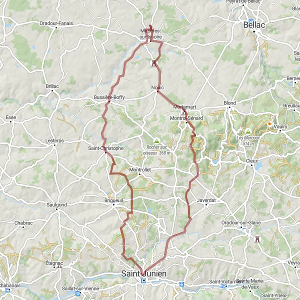 Map miniature of "Gravel Route: Bussière-Boffy Loop" cycling inspiration in Limousin, France. Generated by Tarmacs.app cycling route planner