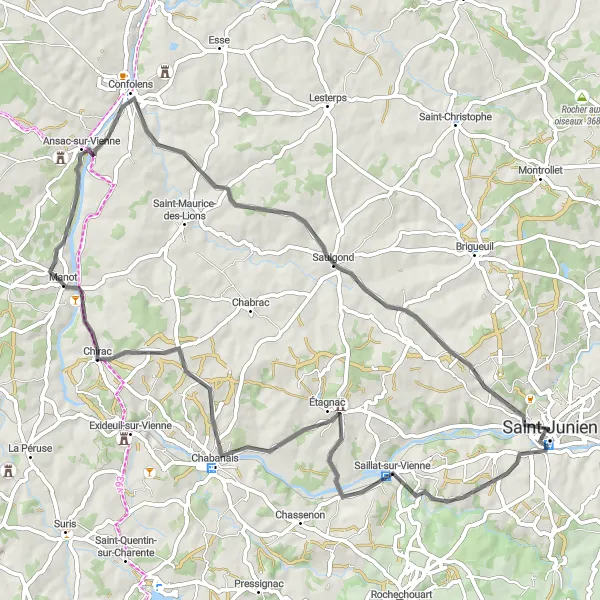 Map miniature of "Road Route: Saillat-sur-Vienne Loop" cycling inspiration in Limousin, France. Generated by Tarmacs.app cycling route planner