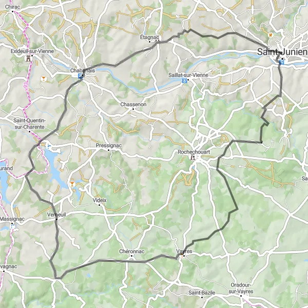 Map miniature of "Road Route: Les Salles-Lavauguyon Circuit" cycling inspiration in Limousin, France. Generated by Tarmacs.app cycling route planner