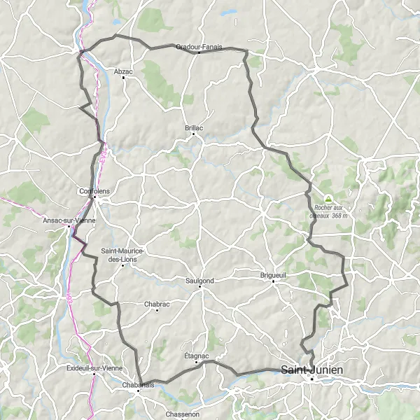 Miniature de la carte de l'inspiration cycliste "Parcours panoramique de la Haute-Vienne" dans la Limousin, France. Générée par le planificateur d'itinéraire cycliste Tarmacs.app