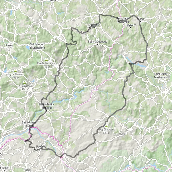 Map miniature of "Breathtaking Landscapes and Historic Sites" cycling inspiration in Limousin, France. Generated by Tarmacs.app cycling route planner