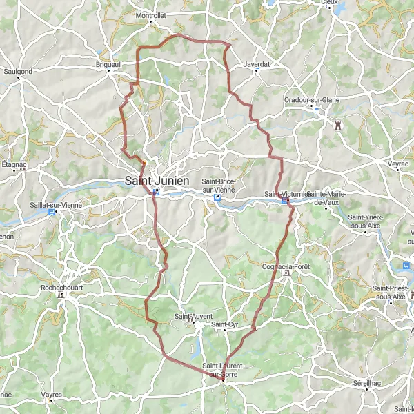 Map miniature of "The Gravel Adventure around Saint-Laurent-sur-Gorre" cycling inspiration in Limousin, France. Generated by Tarmacs.app cycling route planner