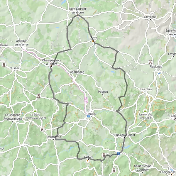Miniature de la carte de l'inspiration cycliste "Escapade Champêtre" dans la Limousin, France. Générée par le planificateur d'itinéraire cycliste Tarmacs.app