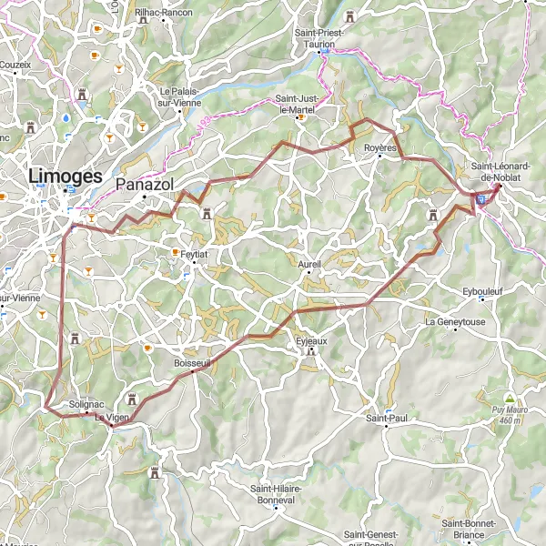 Miniature de la carte de l'inspiration cycliste "Les Collines de la Haute Vienne" dans la Limousin, France. Générée par le planificateur d'itinéraire cycliste Tarmacs.app