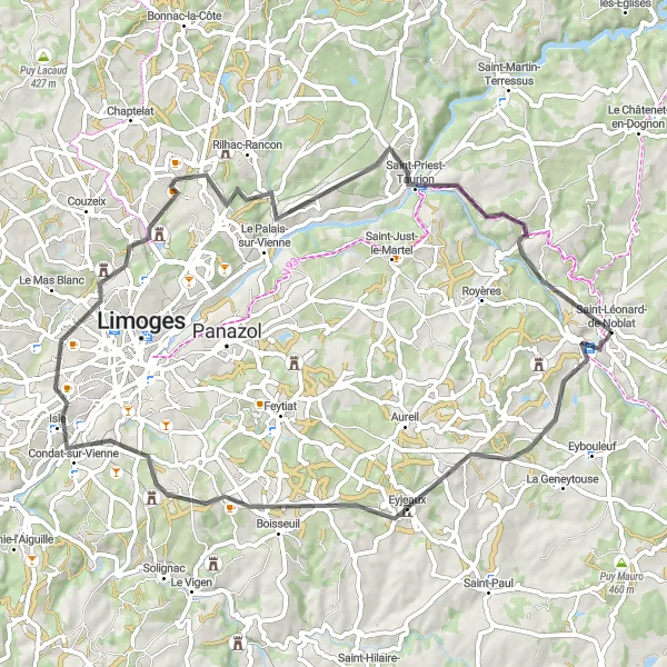 Map miniature of "Road Adventure" cycling inspiration in Limousin, France. Generated by Tarmacs.app cycling route planner