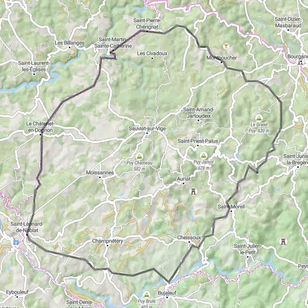 Map miniature of "Saint-Léonard Adventure" cycling inspiration in Limousin, France. Generated by Tarmacs.app cycling route planner