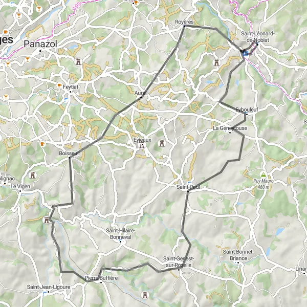 Miniature de la carte de l'inspiration cycliste "Boucle pittoresque de Saint-Léonard-de-Noblat à Eybouleuf" dans la Limousin, France. Générée par le planificateur d'itinéraire cycliste Tarmacs.app