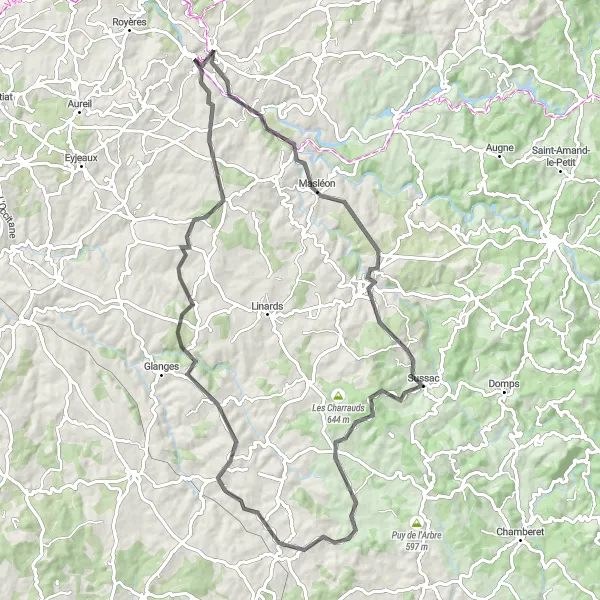 Miniature de la carte de l'inspiration cycliste "Escapade panoramique autour de Saint-Léonard-de-Noblat" dans la Limousin, France. Générée par le planificateur d'itinéraire cycliste Tarmacs.app