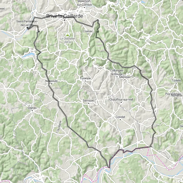 Miniature de la carte de l'inspiration cycliste "Parcours de Brive-la-Gaillarde" dans la Limousin, France. Générée par le planificateur d'itinéraire cycliste Tarmacs.app