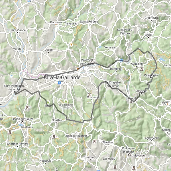 Map miniature of "The Brive-la-Gaillarde Loop" cycling inspiration in Limousin, France. Generated by Tarmacs.app cycling route planner