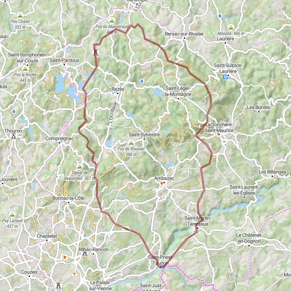 Miniature de la carte de l'inspiration cycliste "L'Exploration des Monts Limousins" dans la Limousin, France. Générée par le planificateur d'itinéraire cycliste Tarmacs.app