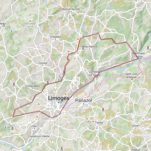 Map miniature of "The Gravel Escape" cycling inspiration in Limousin, France. Generated by Tarmacs.app cycling route planner