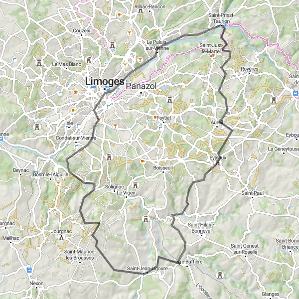 Map miniature of "The Vienne Valley Explore" cycling inspiration in Limousin, France. Generated by Tarmacs.app cycling route planner