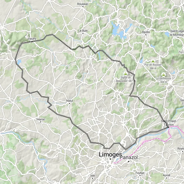 Map miniature of "Scenic Road Ride" cycling inspiration in Limousin, France. Generated by Tarmacs.app cycling route planner