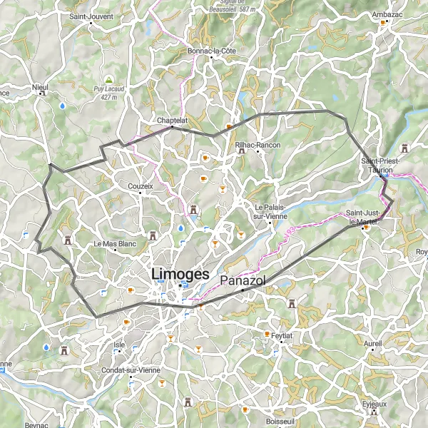 Map miniature of "The Vienne Valley Loop" cycling inspiration in Limousin, France. Generated by Tarmacs.app cycling route planner