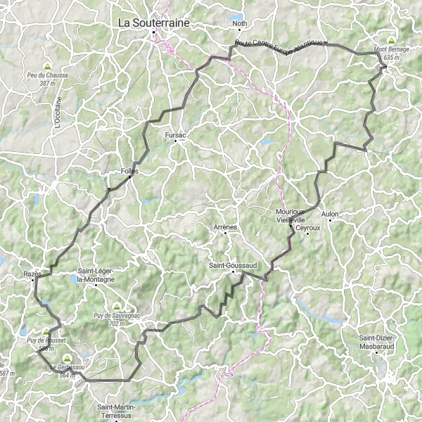 Miniature de la carte de l'inspiration cycliste "Tour des montagnes creusoises" dans la Limousin, France. Générée par le planificateur d'itinéraire cycliste Tarmacs.app