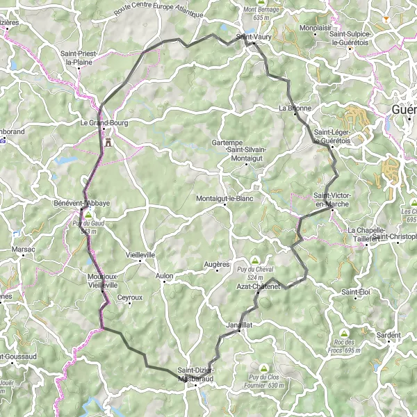 Map miniature of "Château Country Loop" cycling inspiration in Limousin, France. Generated by Tarmacs.app cycling route planner