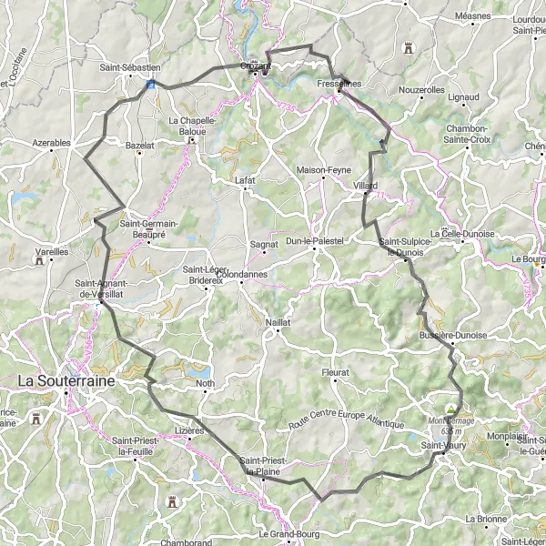 Map miniature of "Saint-Priest-la-Plaine to Fresselines Adventure" cycling inspiration in Limousin, France. Generated by Tarmacs.app cycling route planner