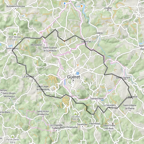 Miniature de la carte de l'inspiration cycliste "Boucle de Saint-Vaury en Limousin" dans la Limousin, France. Générée par le planificateur d'itinéraire cycliste Tarmacs.app