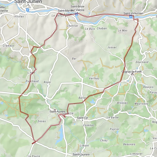 Map miniature of "Gravel Adventure to Saint-Martin-de-Jussac" cycling inspiration in Limousin, France. Generated by Tarmacs.app cycling route planner