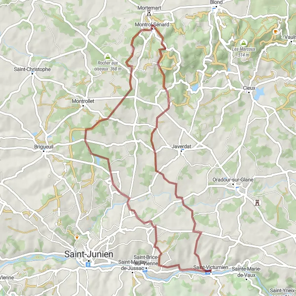 Map miniature of "Gravel Route from Saint-Victurnien to Puy Lard" cycling inspiration in Limousin, France. Generated by Tarmacs.app cycling route planner