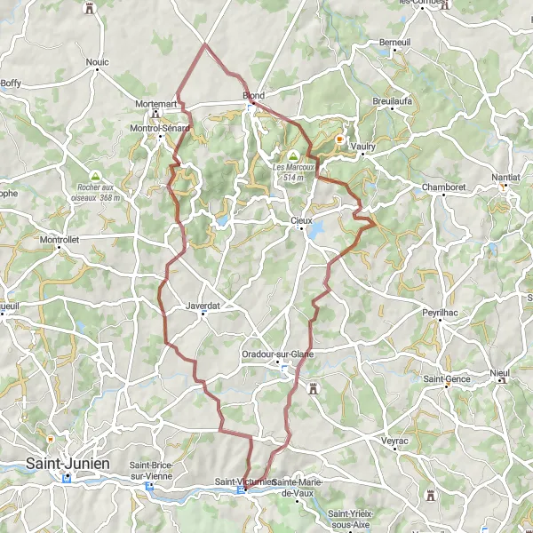 Map miniature of "Gravel Route to Blond and Véchèze " cycling inspiration in Limousin, France. Generated by Tarmacs.app cycling route planner