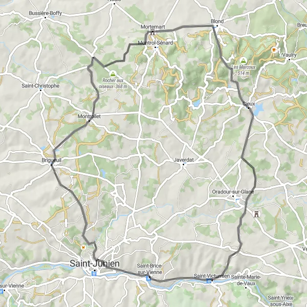 Map miniature of "Road Route through Saint-Brice-sur-Vienne and Mortemart" cycling inspiration in Limousin, France. Generated by Tarmacs.app cycling route planner