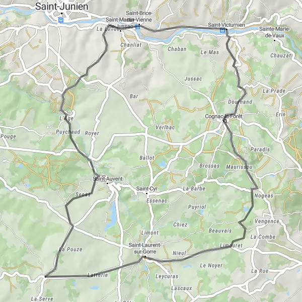 Map miniature of "Scenic Road Cycling Tour to Saint-Victurnien" cycling inspiration in Limousin, France. Generated by Tarmacs.app cycling route planner