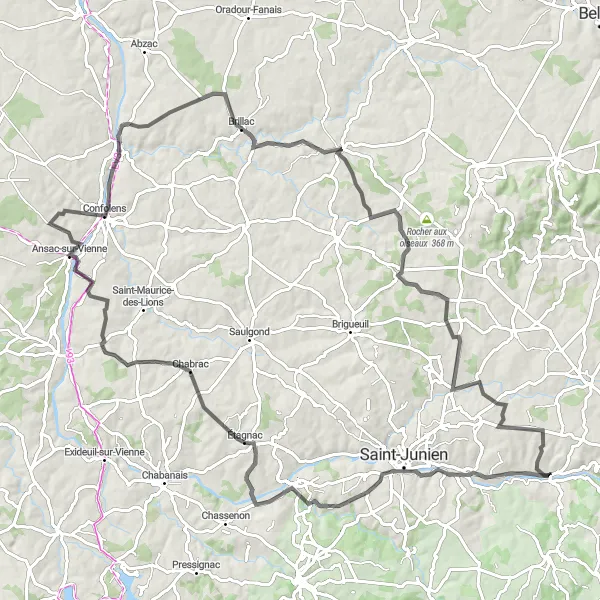 Map miniature of "Challenging Road Cycling Route to Montrollet" cycling inspiration in Limousin, France. Generated by Tarmacs.app cycling route planner