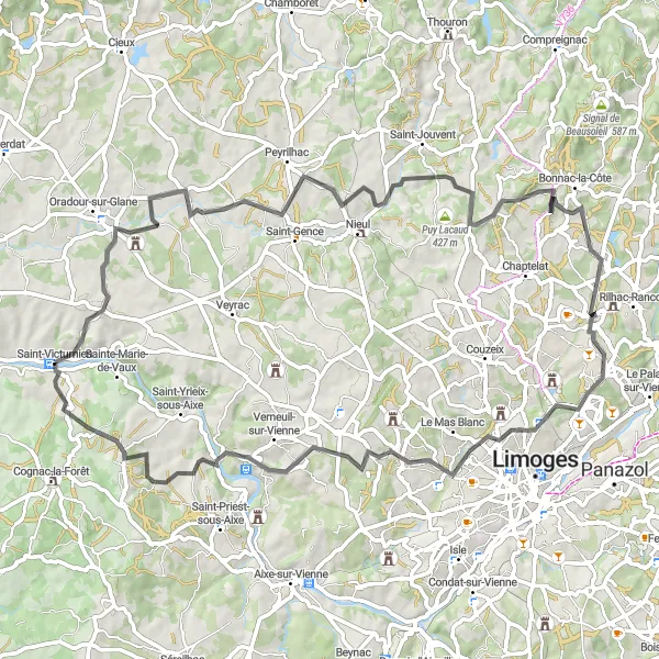 Map miniature of "Road Route from Saint-Victurnien to Montjovis" cycling inspiration in Limousin, France. Generated by Tarmacs.app cycling route planner