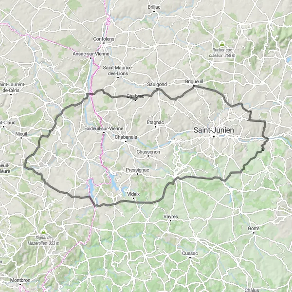 Map miniature of "Road Cycling Adventure to Massempy" cycling inspiration in Limousin, France. Generated by Tarmacs.app cycling route planner