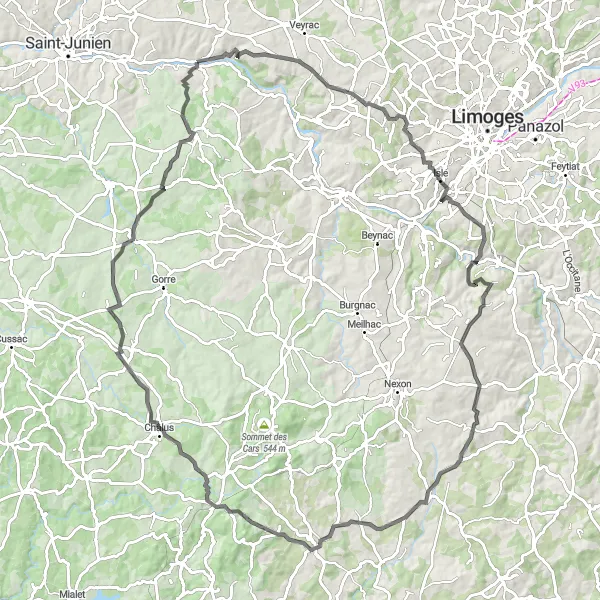 Map miniature of "Challenging Road Route to Château de Châlus-Chabrol" cycling inspiration in Limousin, France. Generated by Tarmacs.app cycling route planner